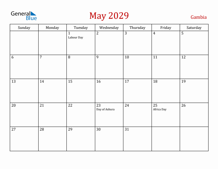 Gambia May 2029 Calendar - Sunday Start