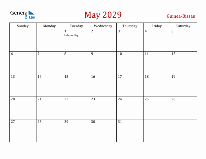Guinea-Bissau May 2029 Calendar - Sunday Start