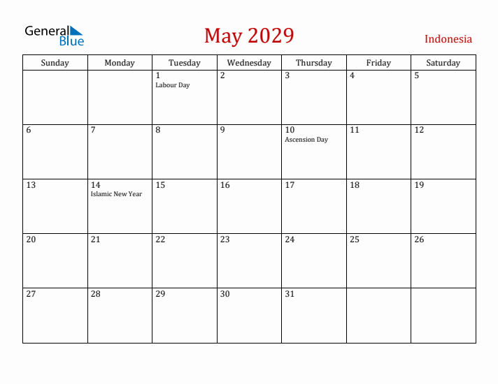Indonesia May 2029 Calendar - Sunday Start