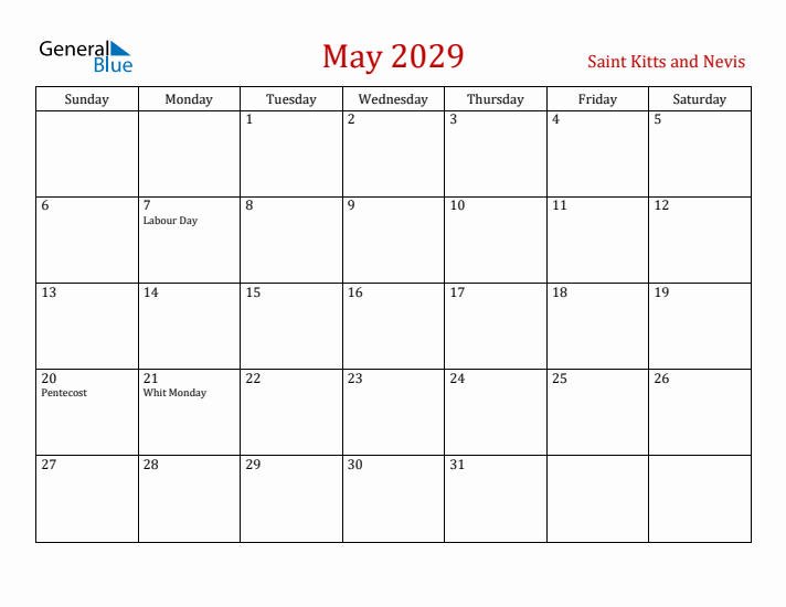 Saint Kitts and Nevis May 2029 Calendar - Sunday Start