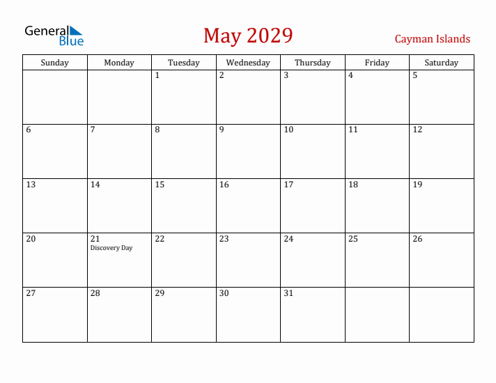 Cayman Islands May 2029 Calendar - Sunday Start