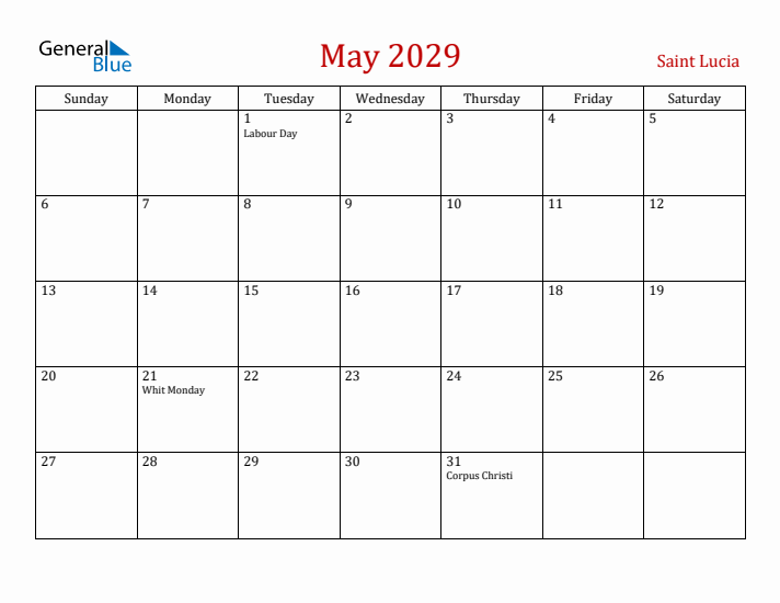 Saint Lucia May 2029 Calendar - Sunday Start