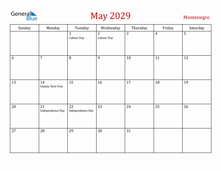 Montenegro May 2029 Calendar - Sunday Start