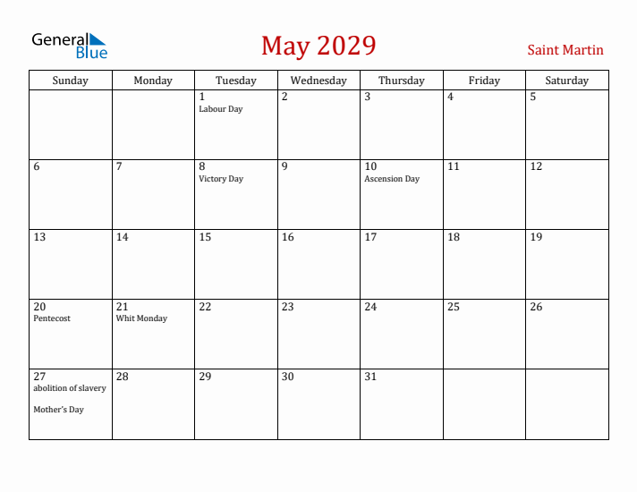 Saint Martin May 2029 Calendar - Sunday Start