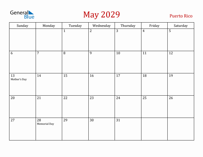 Puerto Rico May 2029 Calendar - Sunday Start