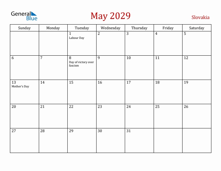 Slovakia May 2029 Calendar - Sunday Start