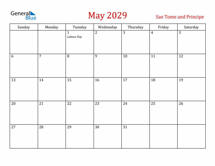 Sao Tome and Principe May 2029 Calendar - Sunday Start