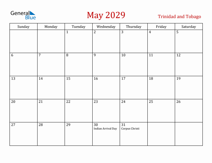 Trinidad and Tobago May 2029 Calendar - Sunday Start