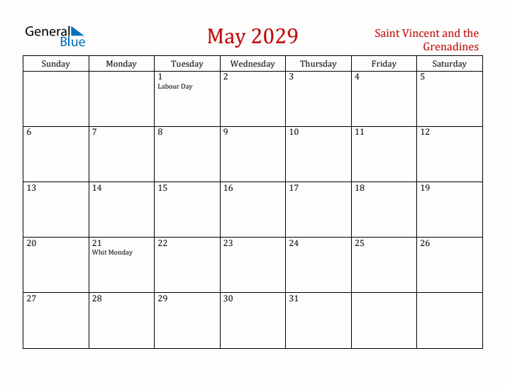 Saint Vincent and the Grenadines May 2029 Calendar - Sunday Start
