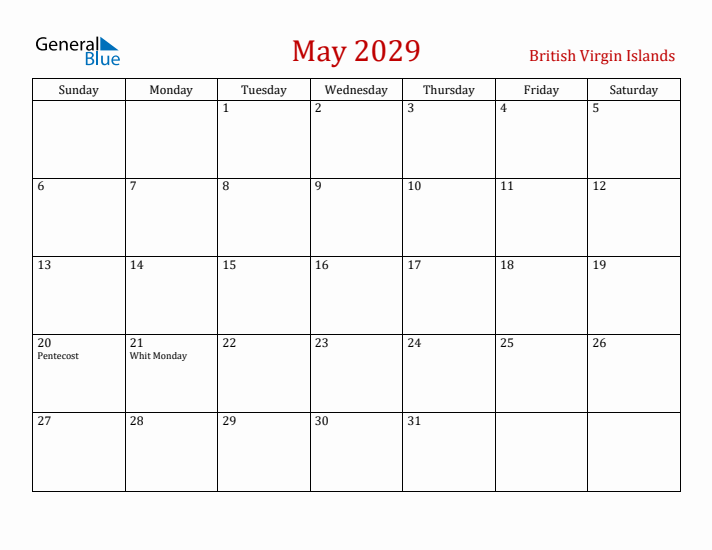 British Virgin Islands May 2029 Calendar - Sunday Start