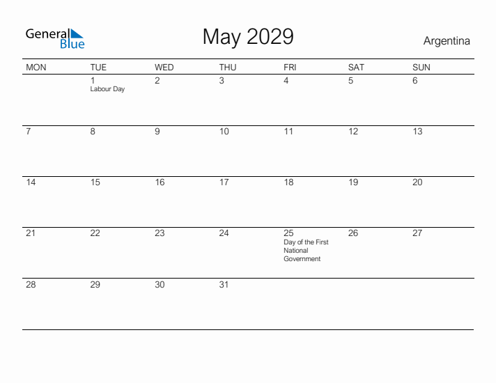 Printable May 2029 Calendar for Argentina