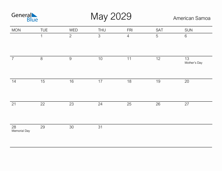 Printable May 2029 Calendar for American Samoa