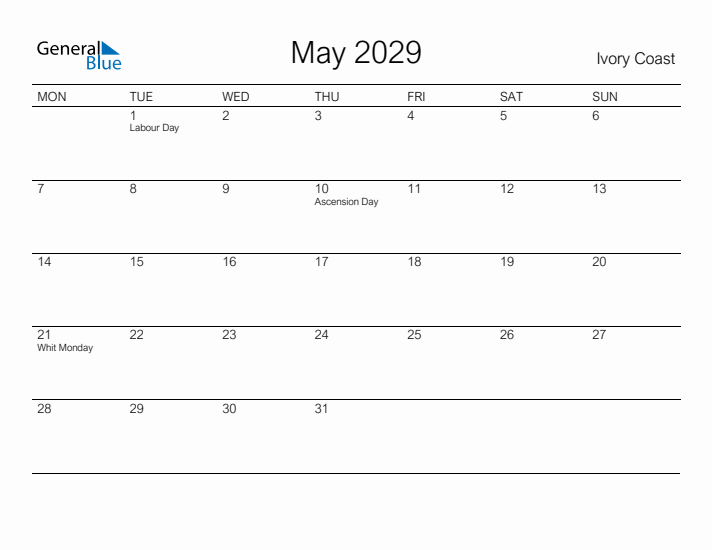 Printable May 2029 Calendar for Ivory Coast