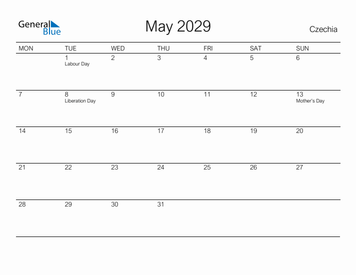 Printable May 2029 Calendar for Czechia