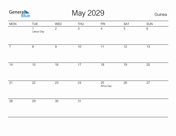 Printable May 2029 Calendar for Guinea