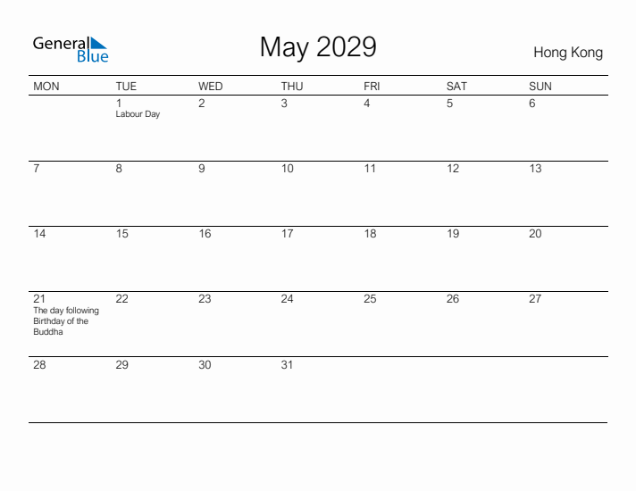 Printable May 2029 Calendar for Hong Kong