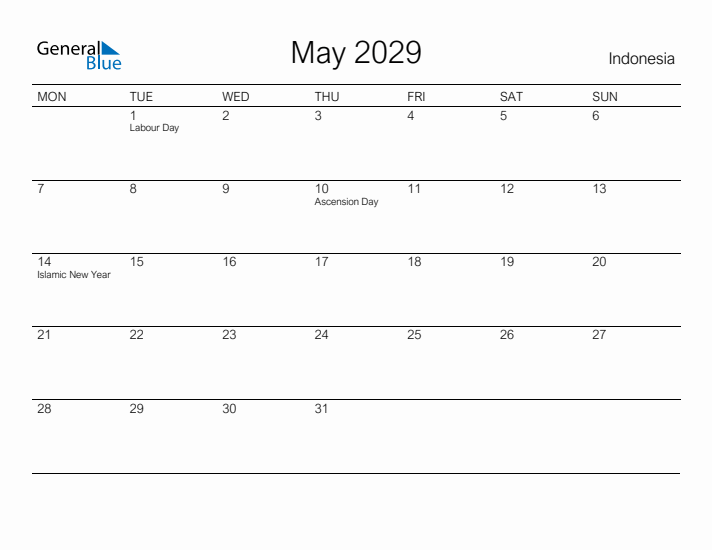Printable May 2029 Calendar for Indonesia