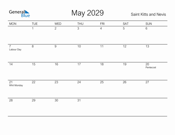 Printable May 2029 Calendar for Saint Kitts and Nevis