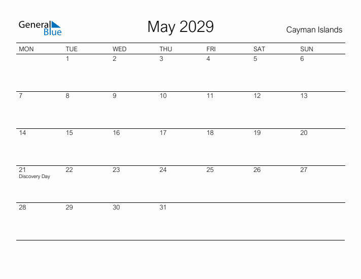 Printable May 2029 Calendar for Cayman Islands