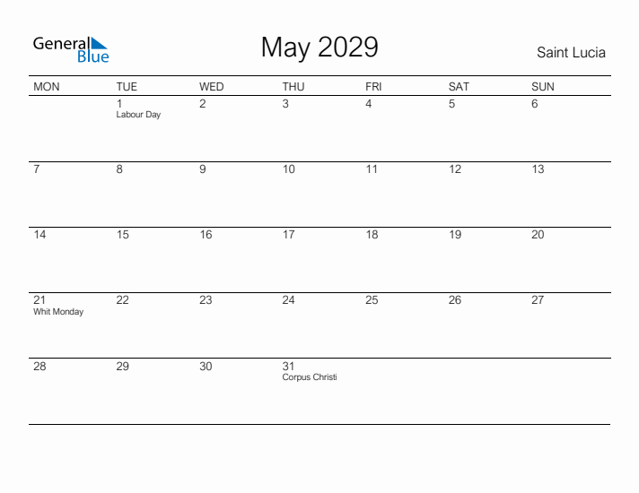 Printable May 2029 Calendar for Saint Lucia