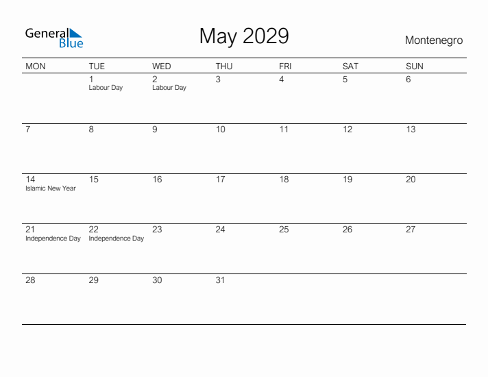 Printable May 2029 Calendar for Montenegro
