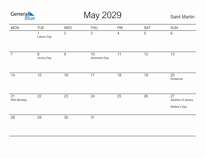 Printable May 2029 Calendar for Saint Martin