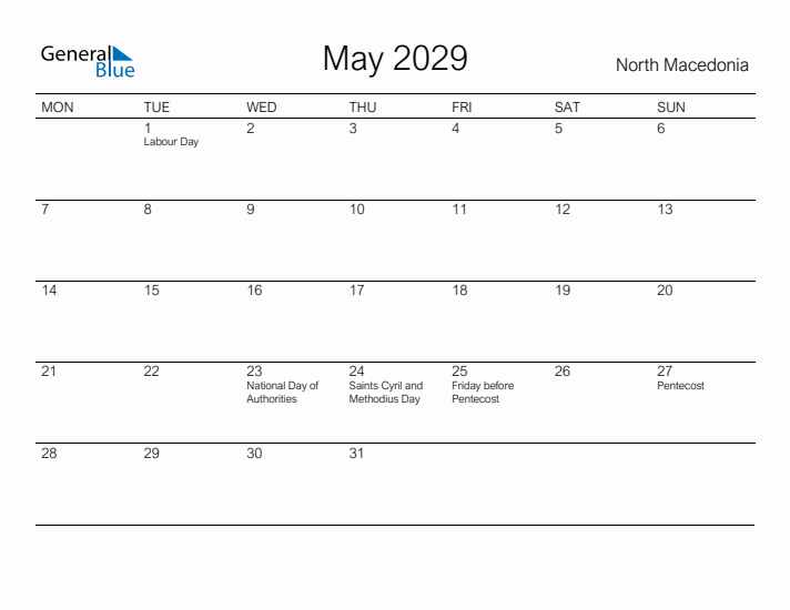 Printable May 2029 Calendar for North Macedonia
