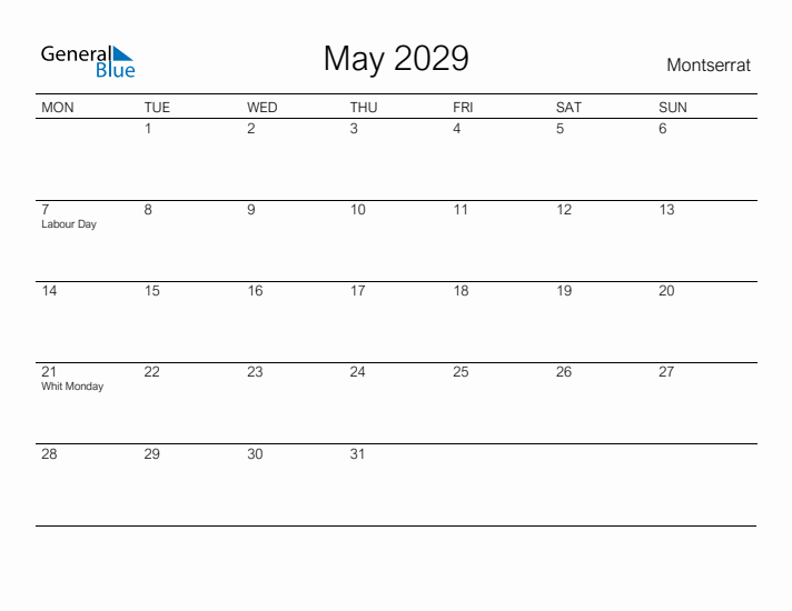 Printable May 2029 Calendar for Montserrat