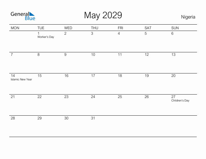 Printable May 2029 Calendar for Nigeria