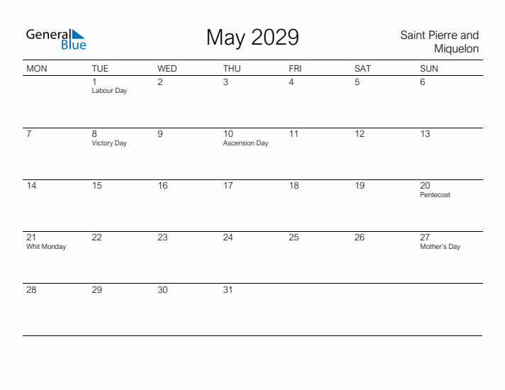 Printable May 2029 Calendar for Saint Pierre and Miquelon
