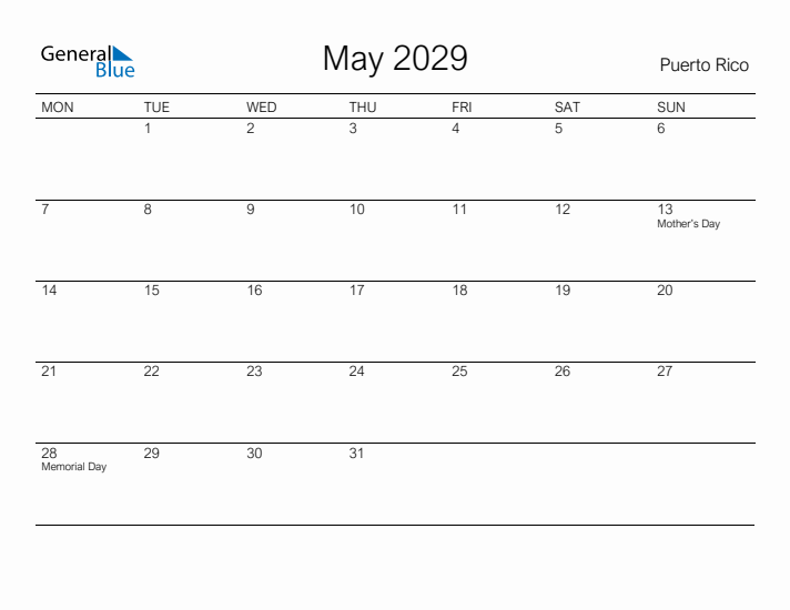 Printable May 2029 Calendar for Puerto Rico
