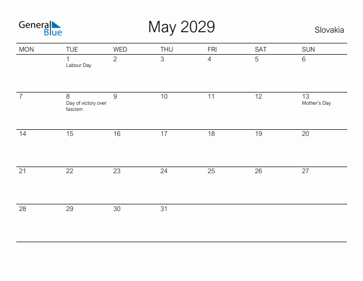 Printable May 2029 Calendar for Slovakia