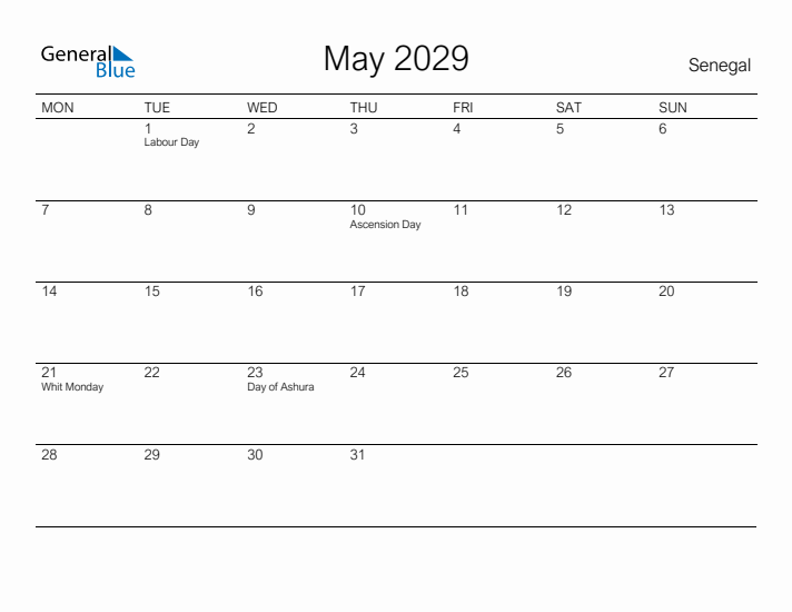 Printable May 2029 Calendar for Senegal