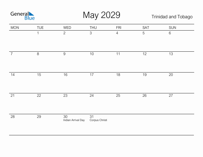 Printable May 2029 Calendar for Trinidad and Tobago