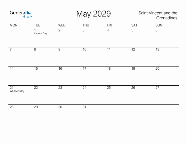 Printable May 2029 Calendar for Saint Vincent and the Grenadines