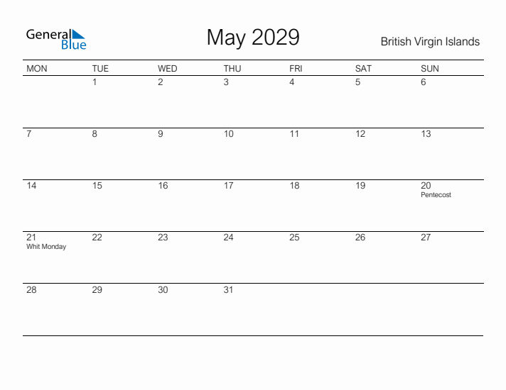 Printable May 2029 Calendar for British Virgin Islands
