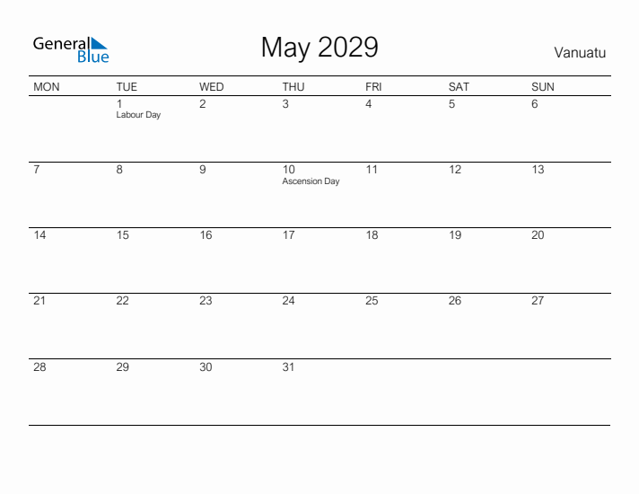 Printable May 2029 Calendar for Vanuatu