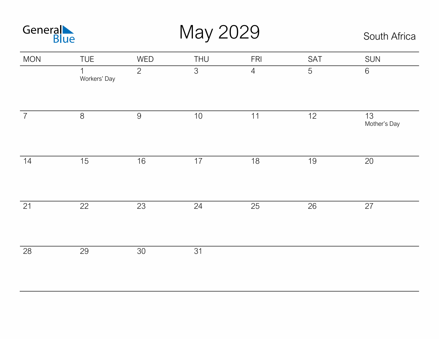 Printable May 2029 Calendar for South Africa
