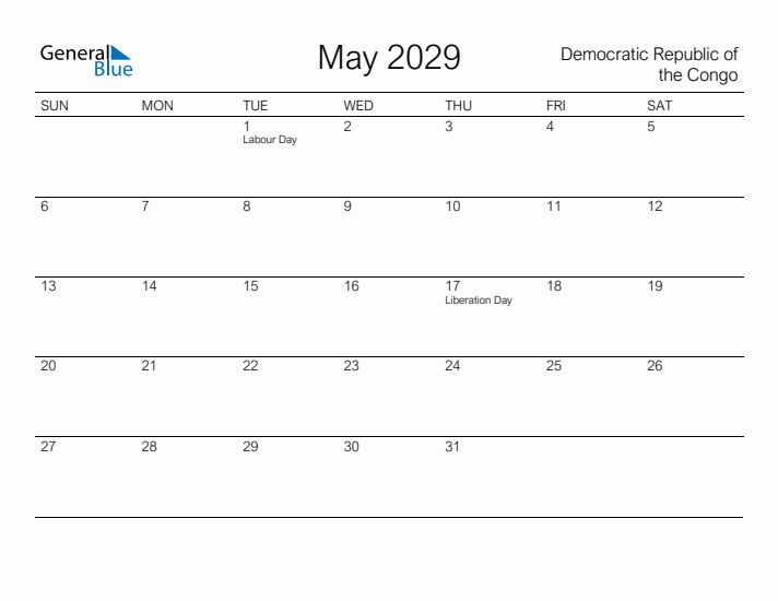 Printable May 2029 Calendar for Democratic Republic of the Congo