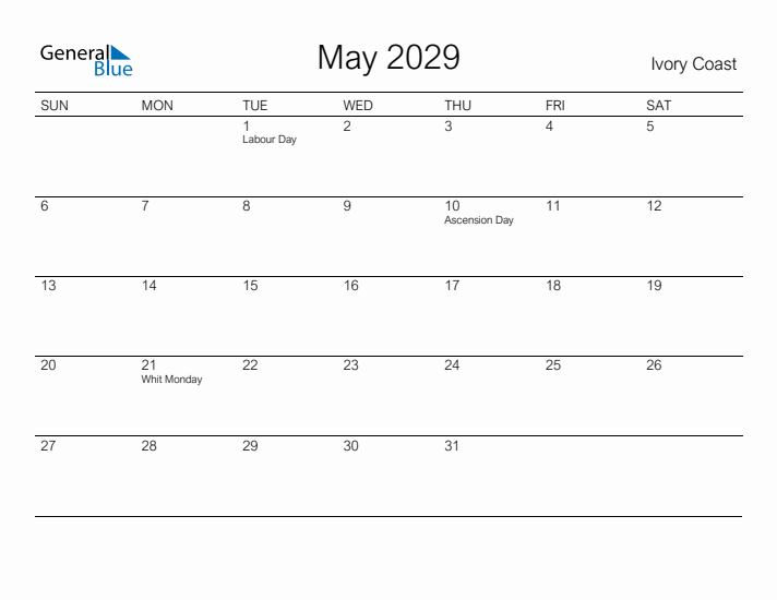 Printable May 2029 Calendar for Ivory Coast