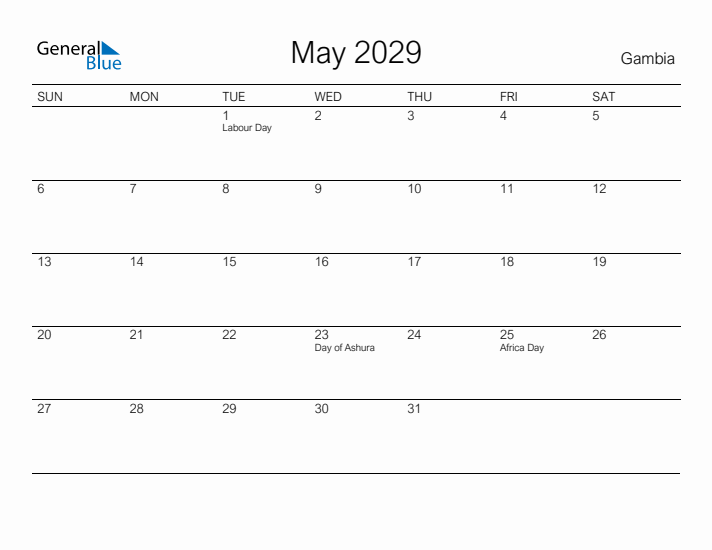 Printable May 2029 Calendar for Gambia