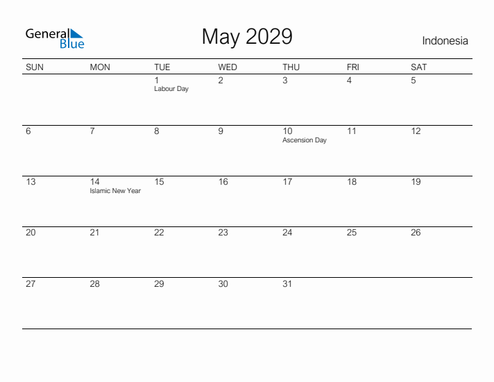 Printable May 2029 Calendar for Indonesia
