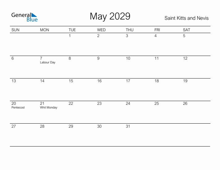 Printable May 2029 Calendar for Saint Kitts and Nevis
