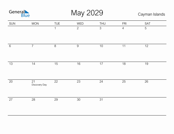 Printable May 2029 Calendar for Cayman Islands