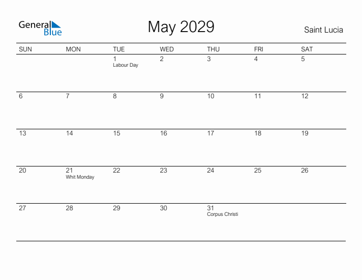 Printable May 2029 Calendar for Saint Lucia