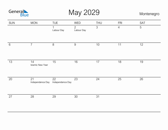 Printable May 2029 Calendar for Montenegro