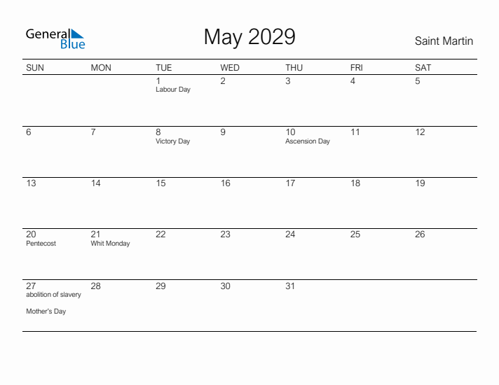 Printable May 2029 Calendar for Saint Martin