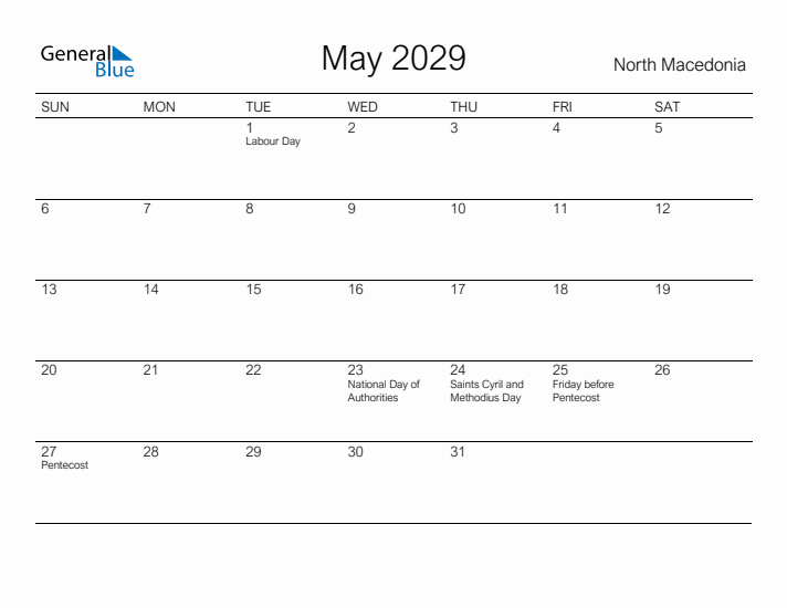 Printable May 2029 Calendar for North Macedonia