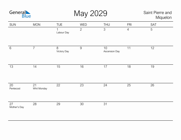 Printable May 2029 Calendar for Saint Pierre and Miquelon