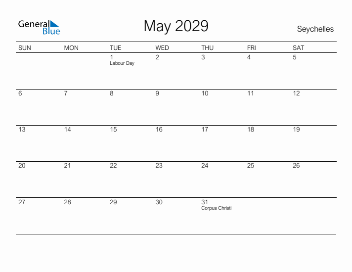Printable May 2029 Calendar for Seychelles